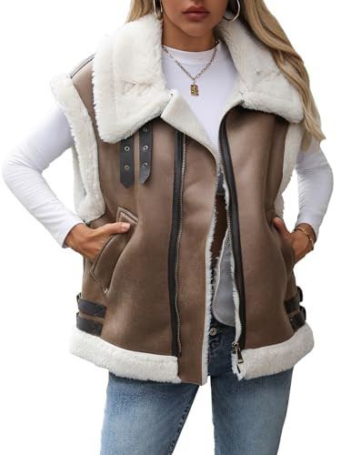 Aibeautyer Winter Women's Warm Suede Sherpa Leather Vest Jacket Sleeveless Lambwool Fur Coat (US, Alpha, Medium, Regular, Regular, Brown) | Amazon (US)