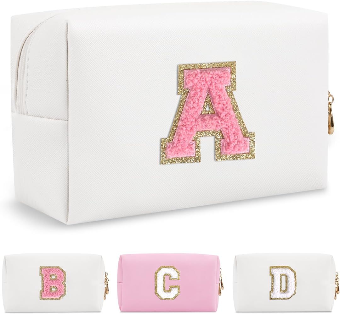 Personalized Makeup Bag Initial A-Z Preppy Patch Bag,Small PU Leather Travel Cosmetic Bag Pouch w... | Amazon (US)