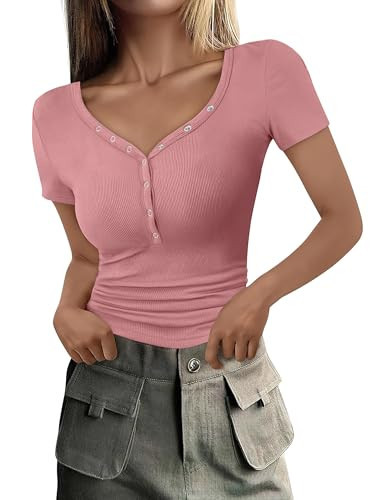 ANRABESS Womens Short Sleeve V Neck Henley Tee Shirts Ribbed Knit Basic Slim Fitted Tops 2025 Summer Trendy Outfits Pink XX-Large | Amazon (US)