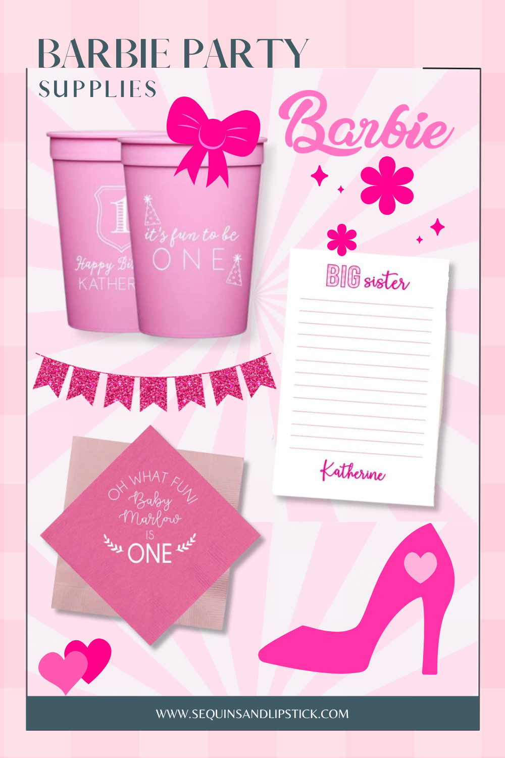 Throw the ultimate Barbie birthday party with personalized party supplies. From custom cups to napkins and stationery, these pink party details are perfect for first birthdays, kids parties, and Barbie-inspired celebrations. 

 #LTKmomlife #LTKBaby #LTKKids