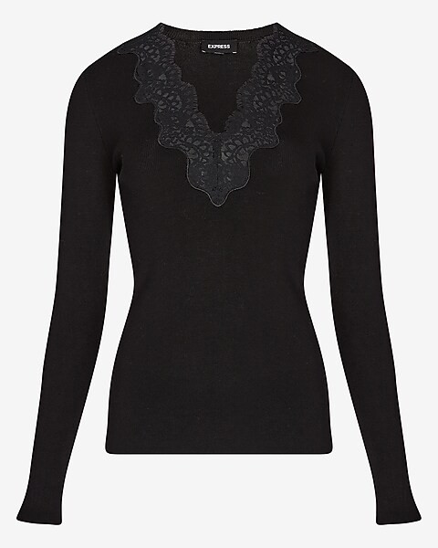 Lace Trim V-Neck Sweater | Express