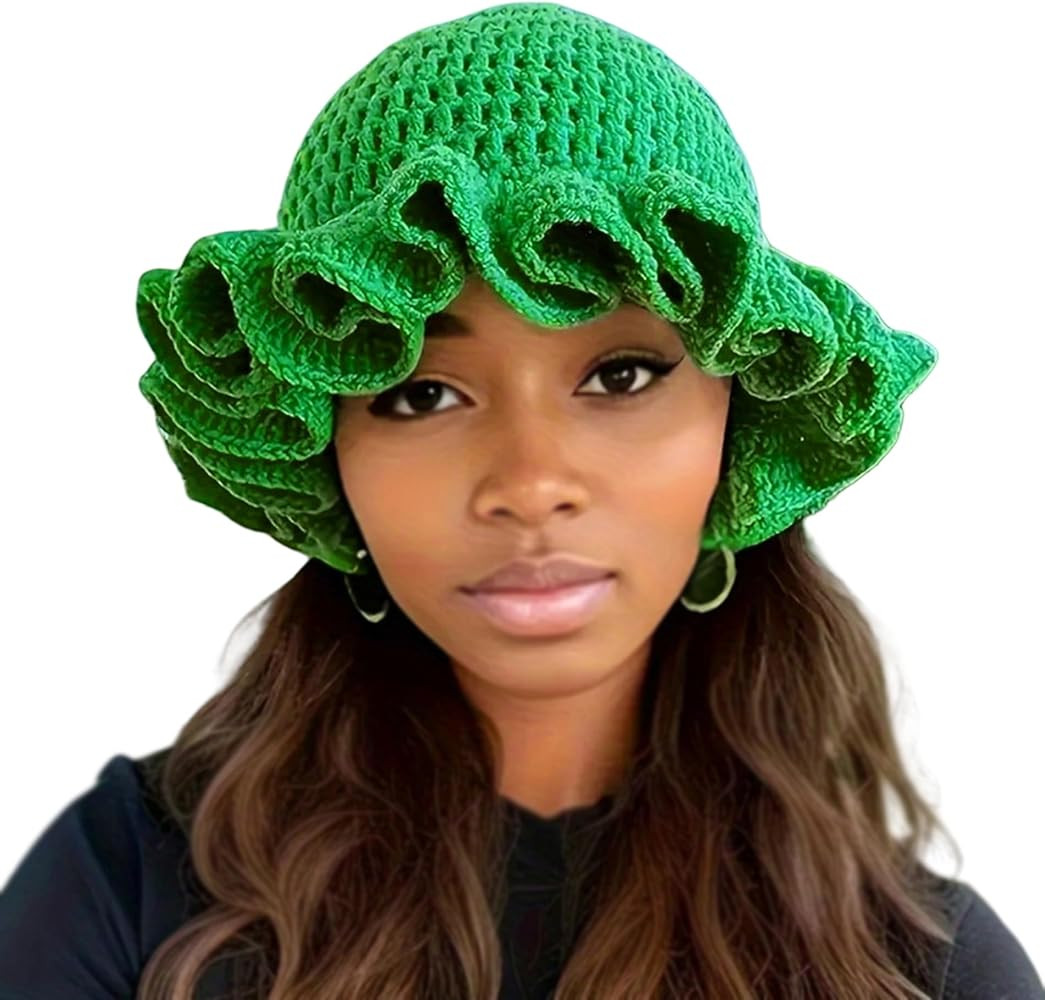 Women Crochet Bucket Hat Cute Winter Ruffled Brim Floppy Cap Handmade Knit Cloche Hats | Amazon (US)