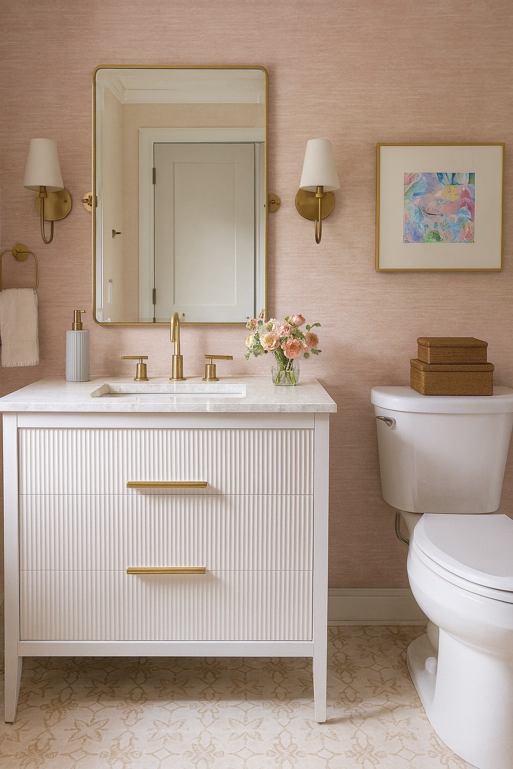 The prettiest pink bathroom 

#bathroom #vanity #mirror #lighting #wallpaper 

#LTKHome #LTKSaleAlert #LTKKids