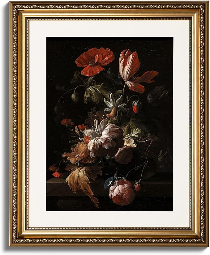 ARPEOTCY Still life Gold Framed Wall Art, Retro Floral Flowers in a Bowl Canvas Prints Artwork wi... | Amazon (US)