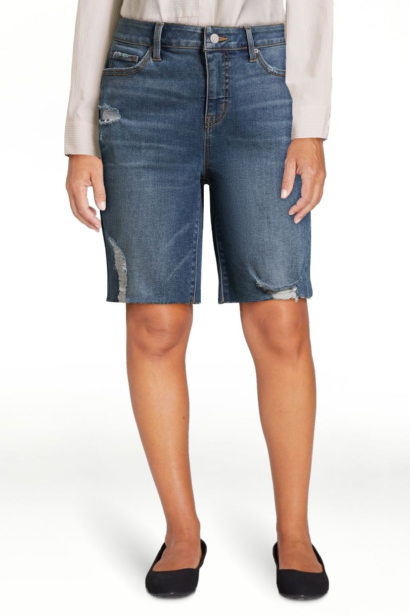 Time and Tru Women's Destructed Hem Denim Bermuda Shorts, 8.5” Inseam, Sizes 2-20 | Walmart (US)