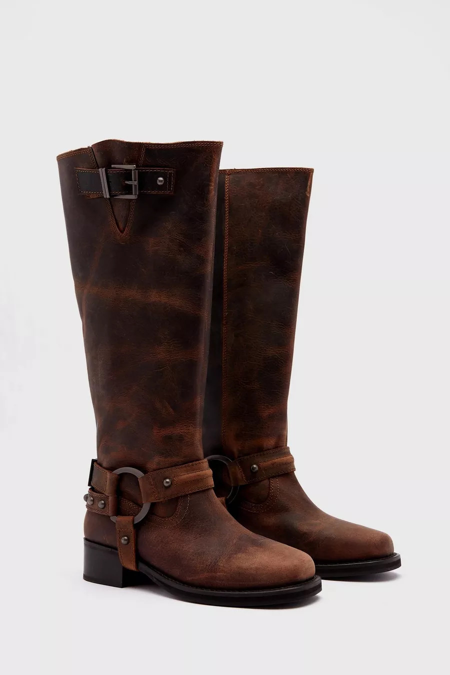 Tarnished Leather Buckle Harness Knee High Boots | Nasty Gal UK (+IE)