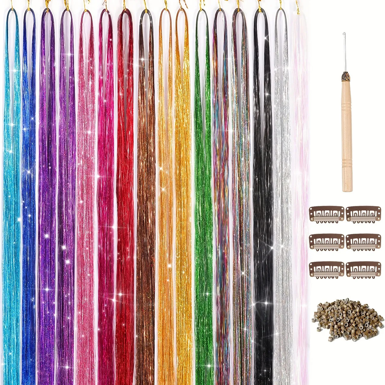 Hair Tinsel Kit Colourful Fairy Tinsel Hair Extensions Heat Resistant With 16 12 Color 48inch 320... | Temu Affiliate Program