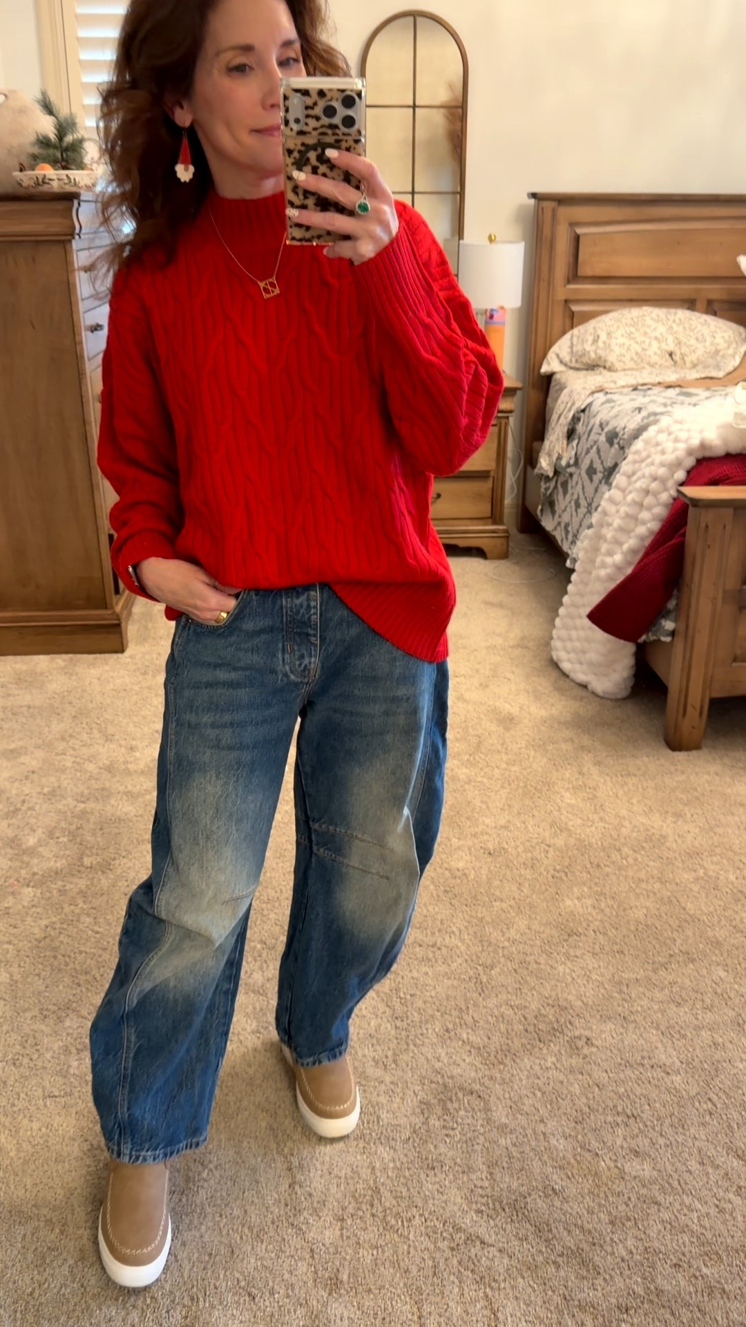 Red is the the Holiday! You can dress this up or down love the color ❣️ from Amazon and it is size XS  jeans are Free People size 25 barrel and Sherpa wedges are from @YellowBox 

#LTKPetite #LTKHoliday #LTKFindsUnder50