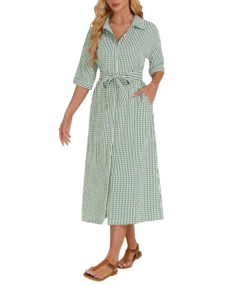 Women's Half Sleeve Plaid Midi Dress Collar V Neck Belted Casual Button Down Long Loose Dress | Amazon (US)