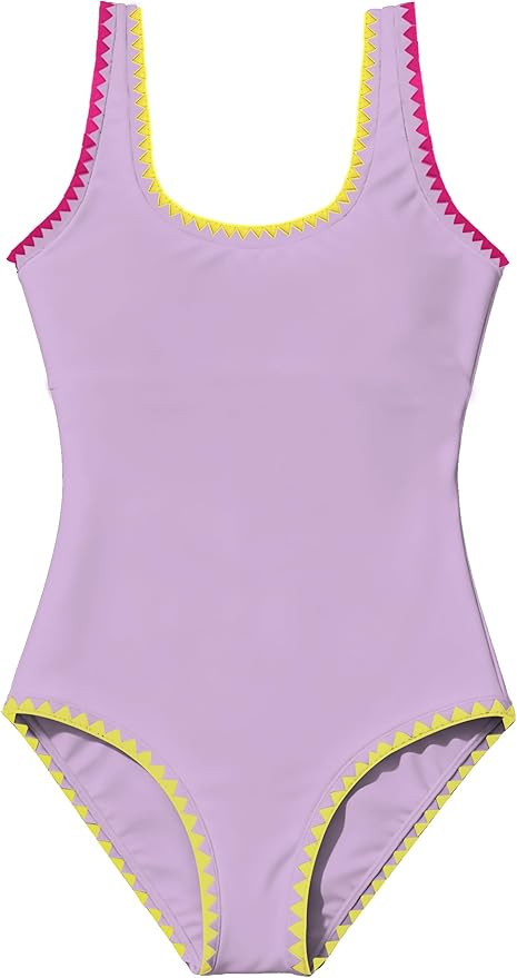 Girls One Piece Swimsuits Color Block Contrast Trim Adjustable Straps Bathing Suit Swimwear 9-16Y | Amazon (US)