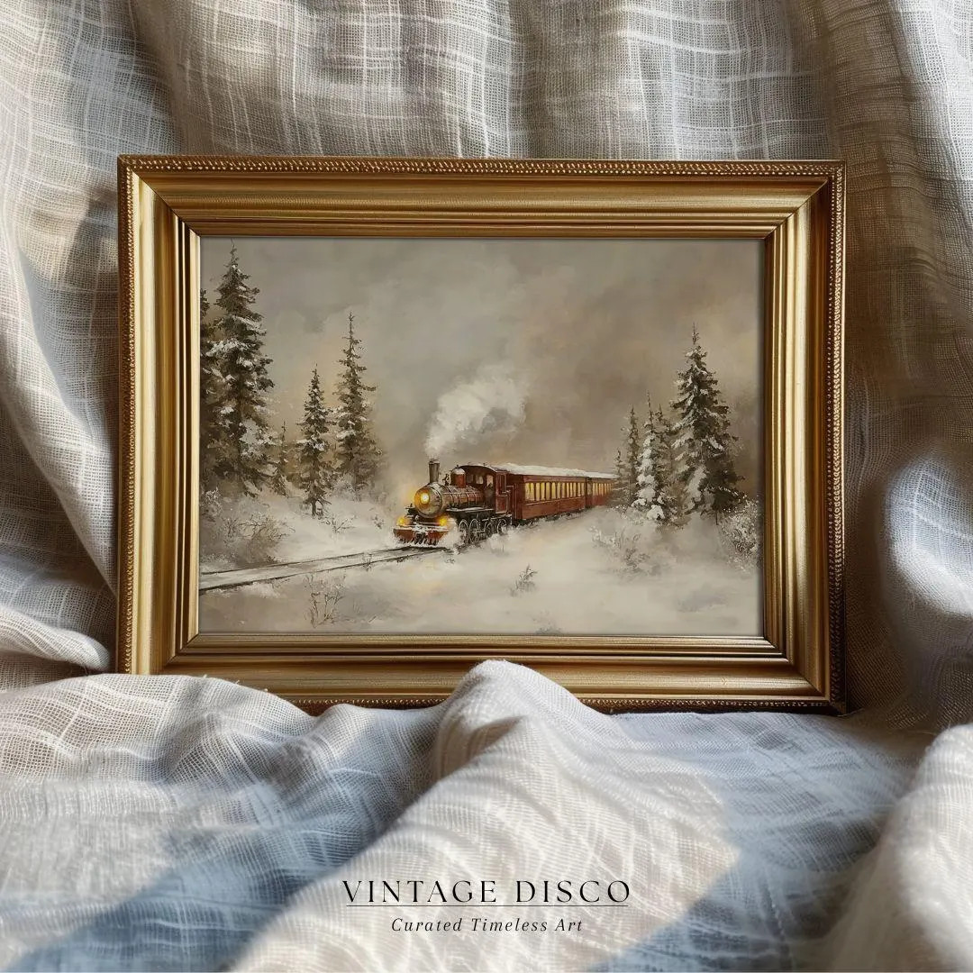 Vintage Christmas Train Art Print - Cozy Snowy Winter Farmhouse Decor, Charming Moody Holiday Pri... | Etsy (US)