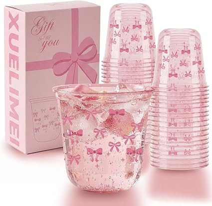 Pink Bow Disposable Stemless Glasses，PET Disposable Drinking Cups,Clear Plastic Wine Glasses fo... | Amazon (US)