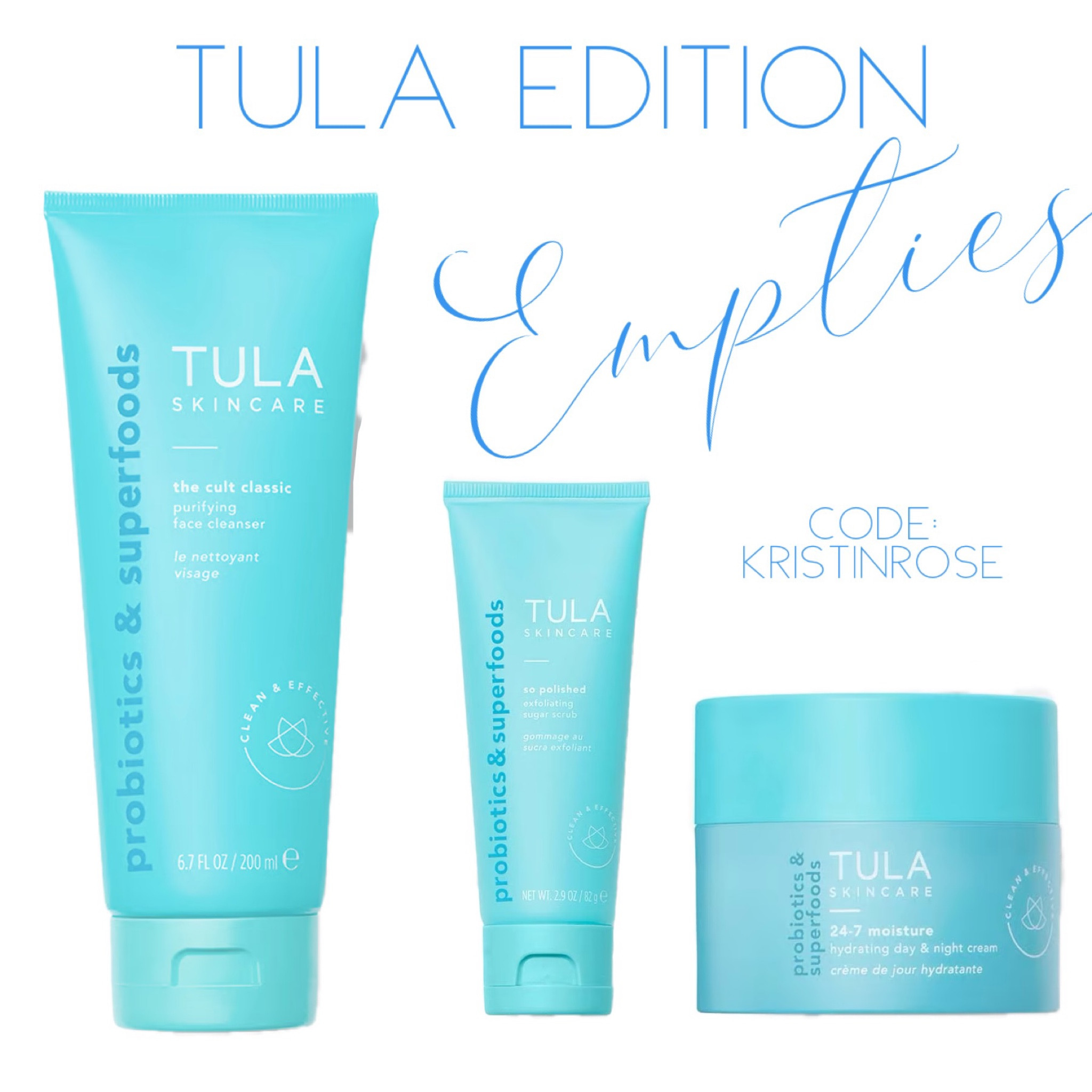 Empty Products: 
Tula Edition - Code: KristinRose

24-7 Moisture Hydrating Day & Night Cream
Purifying Face Cleanser
Exfoliating Sugar Scrub  

 

#LTKbeauty #LTKfindsunder50