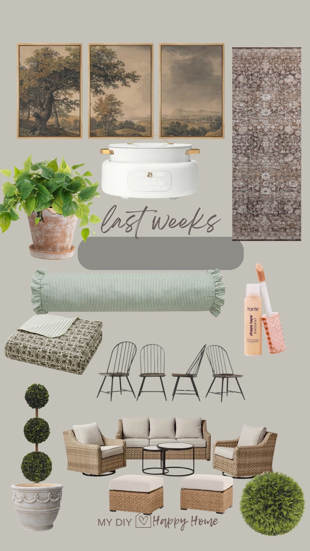 This past weeks most loved and best sellers :

Artwork 
Vintage look washable runner 
Faux pothos 
Scallop planter 
Multi Cooker
Ruffle edge, ticking stripe lumbar 
Block print quilt set 
Shape tape concealer 
Dining chairs, set of 4
Topiary 
Outdoor furniture 
Outdoor ottomans 

#LTKSaleAlert #LTKSeasonal #LTKHome