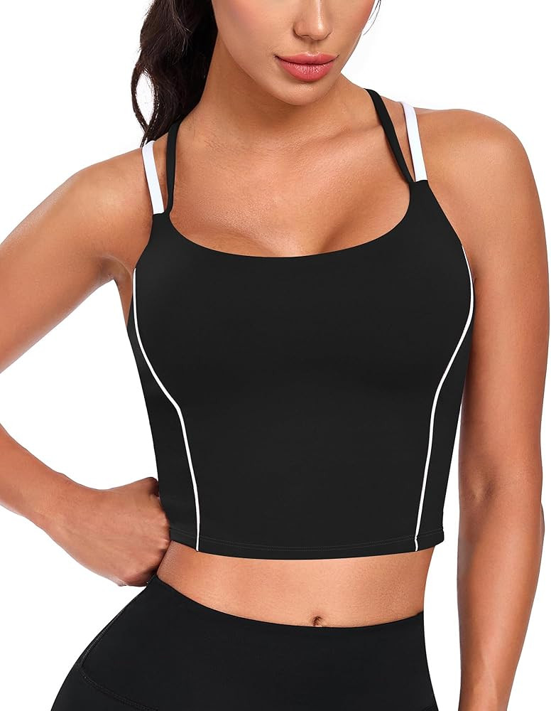 QUOJIZY Longline Sports Bras for Women Spaghetti Straps Tank Top with Built-in Bra Strappy Sports... | Amazon (US)