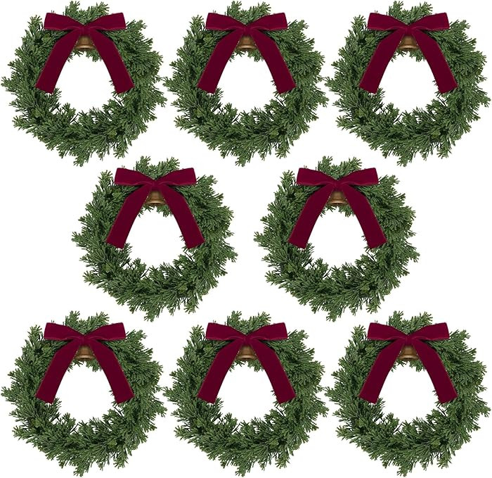 Dingion 8 Pcs Christmas Wreath Decorations 10 x 10 Inches Christmas Cabinets Wreaths with Red Rib... | Amazon (US)