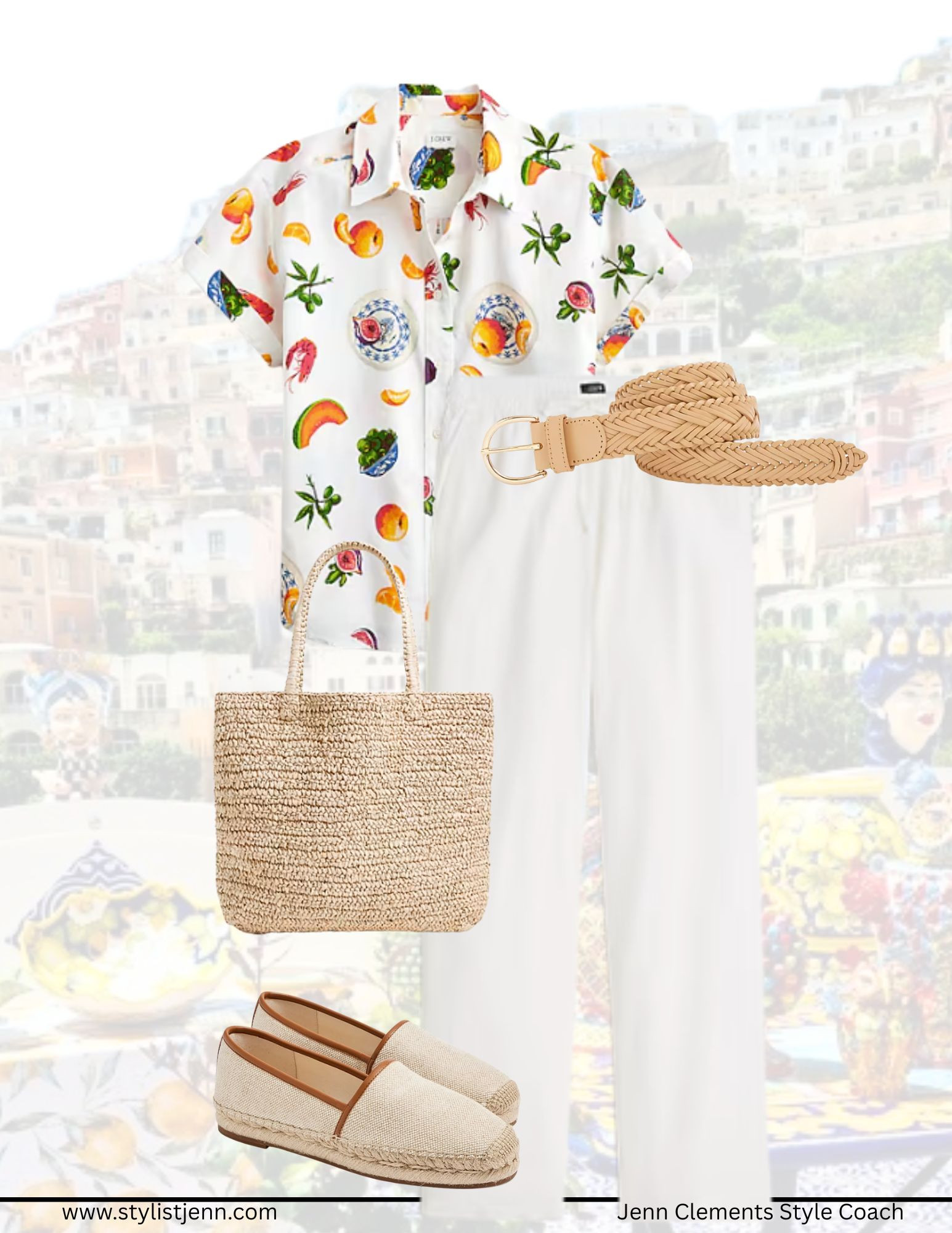 Fruit print = instant vacation vibes 🍊🍒
I paired this playful button-up with crisp white linen, woven textures, and coastal flair. Just add sunshine! 

 #LTKSeasonal #LTKOver40 #LTKSaleAlert