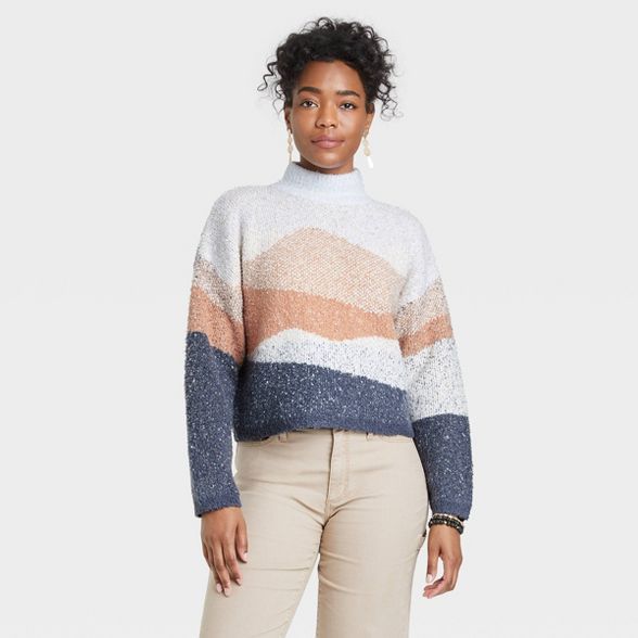 Women&#39;s Mock Turtleneck Trek Pullover Sweater - Universal Thread&#8482; Navy Geometric L | Target