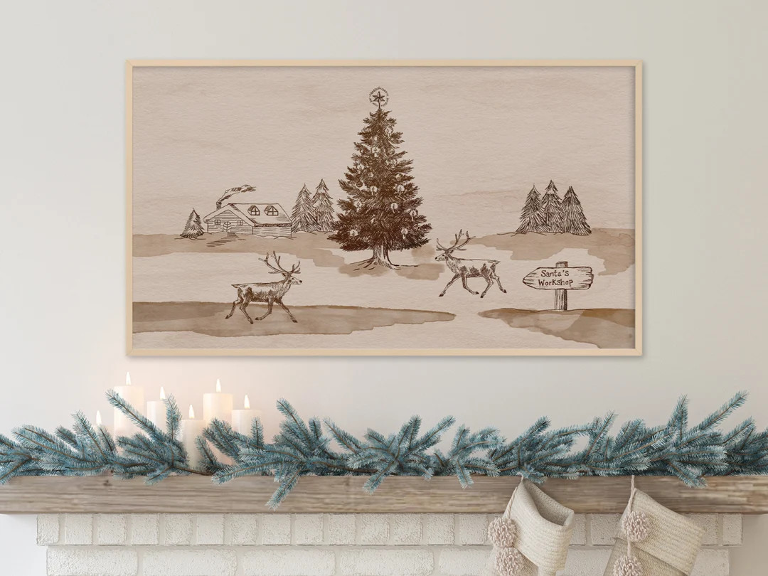 Samsung Frame TV Art Reindeer, Christmas, Winter, Vintage, Pine Trees, Neutral Art - Etsy | Etsy (US)