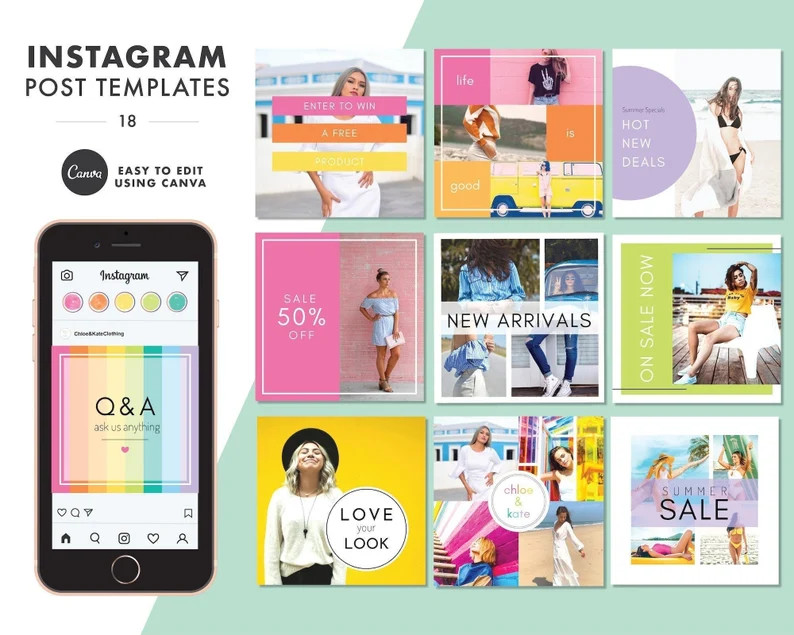 Instagram Posts Template Colorful Canva Easy to Edit Clothing Boutique Social Media Marketing Bri... | Etsy (US)