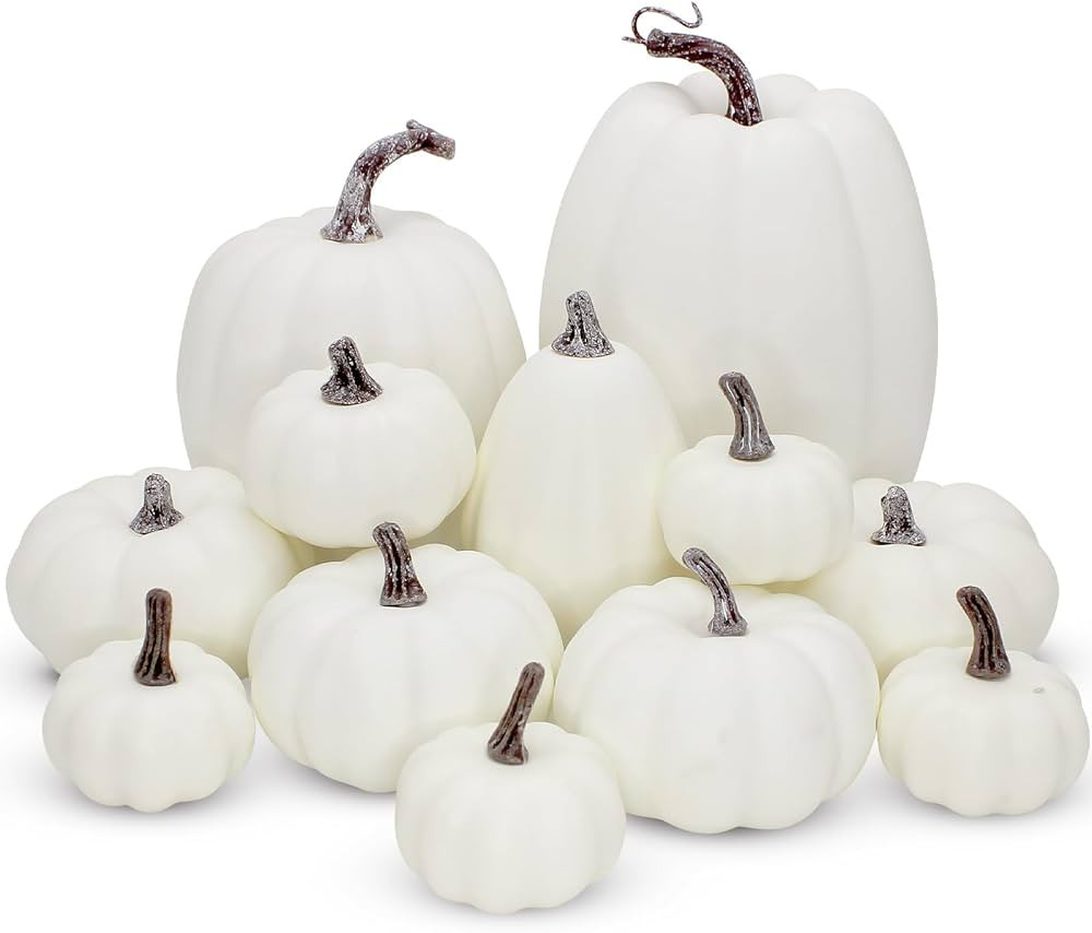12 PCS Artificial White Pumpkins, Assorted Sizes Artificial Pumpkins Fall Autumn Decor Fake Faux ... | Amazon (US)