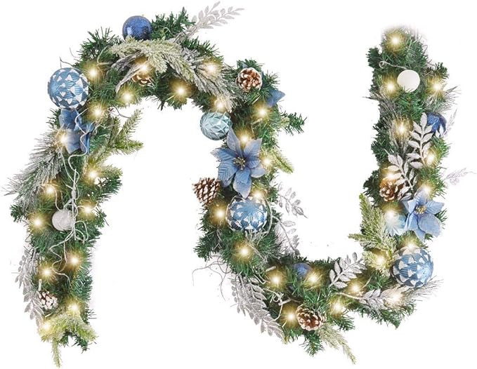 WANNA-CUL Pre-Lit 6 ft Silver Blue Christmas Garland Decor with Lights for Front Door Lighted Chr... | Amazon (US)