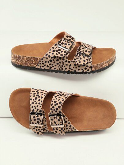 Cheetah Print Twin Buckle Footbed Sandals | SHEIN