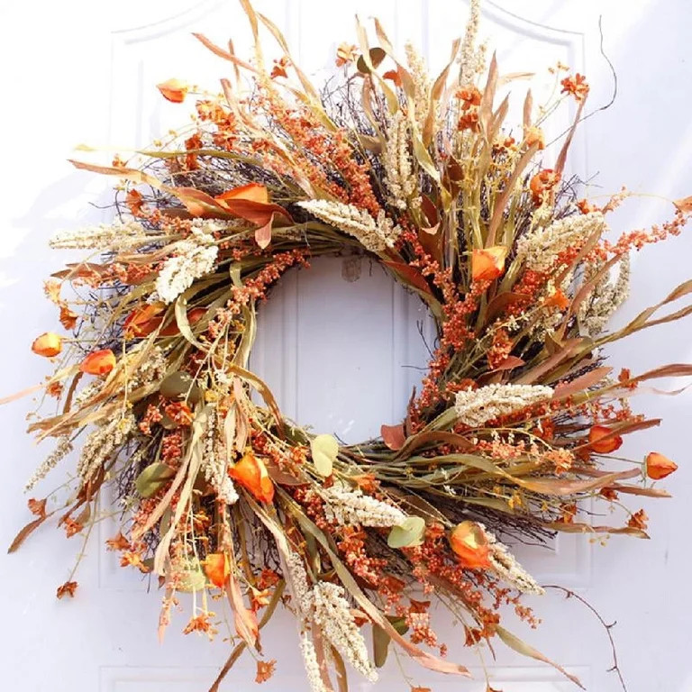 TONKBEEY 24 Inch Fall Wreath Front Door Wreath Harvest Wheat Grain Garland Autumn Wreaths for Wal... | Walmart (US)