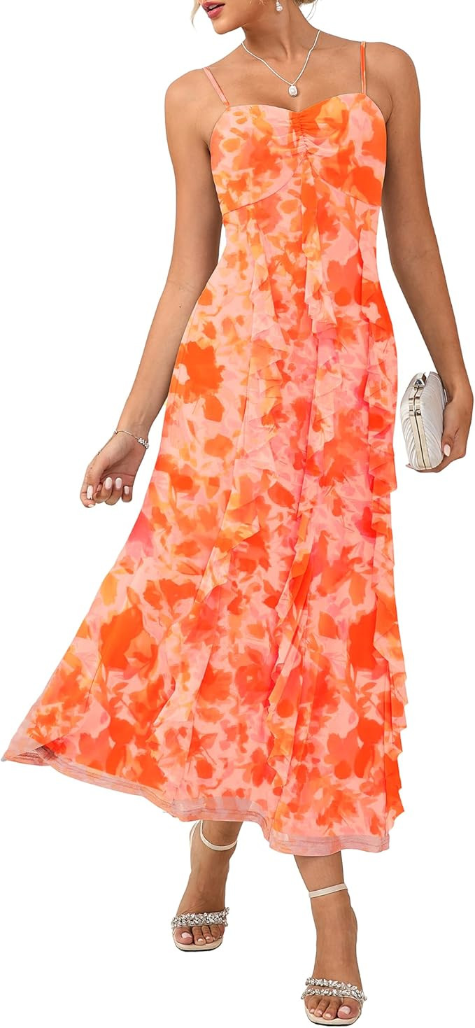 GRACE KARIN Women's Summer Floral Maxi Dress Spaghetti Strap Ruffle Wedding Guest Dresses Beach L... | Amazon (US)