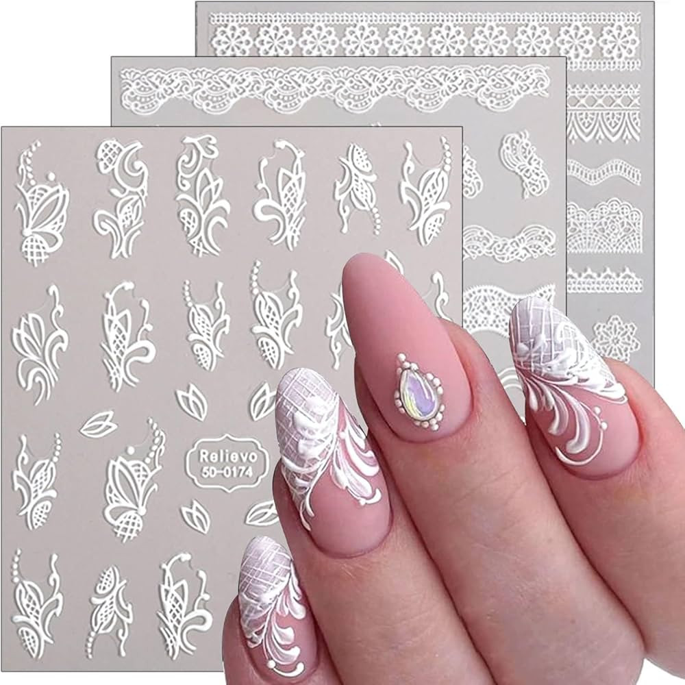 Lace Nail Art Sticker White Flower Nail Stickers Decals Summer Nail Art Supplies DIY Manicure 3D ... | Amazon (US)