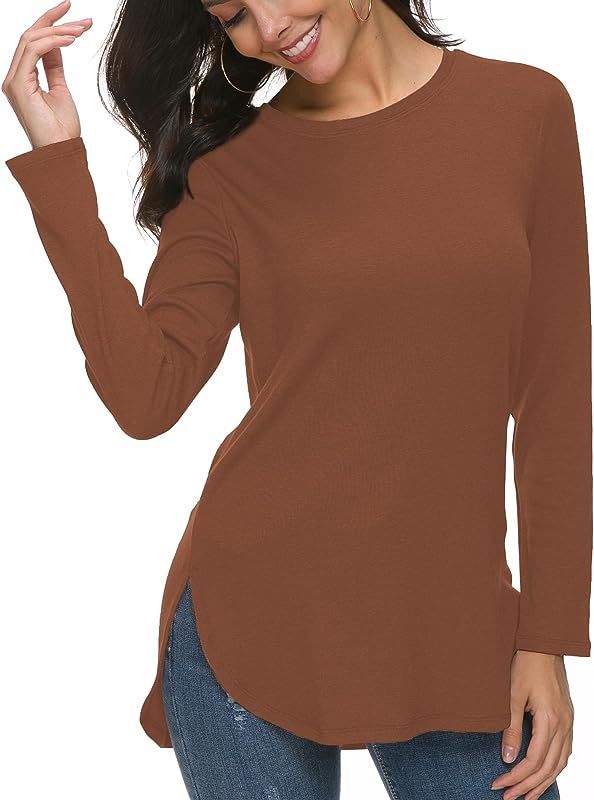 Women's Casual Long Sleeve T Shirt Crewneck with Side Split Fall Pullover Loose Tunic Sweater Top... | Amazon (US)
