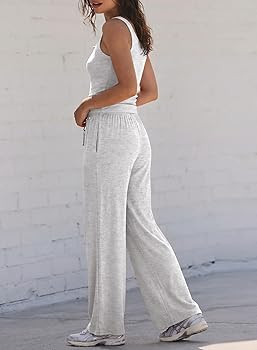 Darong Women's 2 Piece Matching Lounge Sets Summer Henley Neck Slightly Crop Tank Top Wide Leg Pa... | Amazon (US)