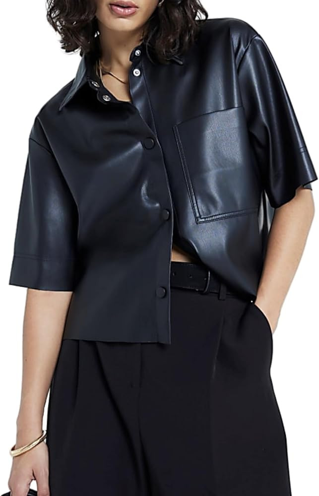 Faux Leather Shirt Women Loose Fit Short Sleeve PU Leather Button Down Crop Shirt with Pocket | Amazon (US)