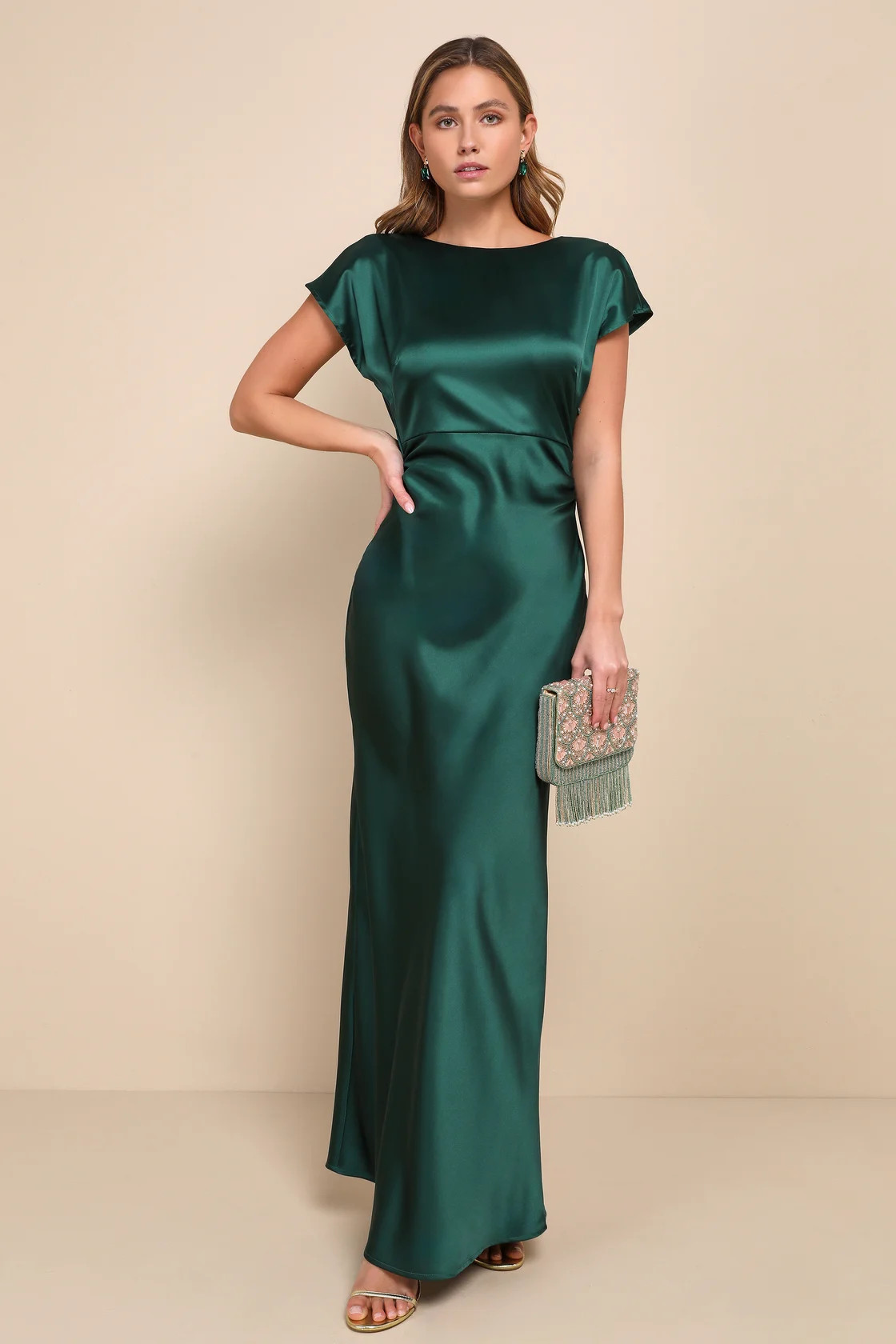 Captivating Presence Forest Green Satin Cowl Back Maxi Dress | Lulus