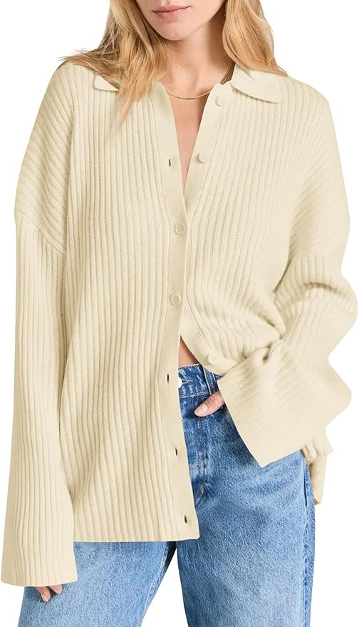 Danedvi Womens Collared Cardigan Sweaters Oversized Ribbed Knit Open Front Button Up Bell Sleeve ... | Amazon (US)