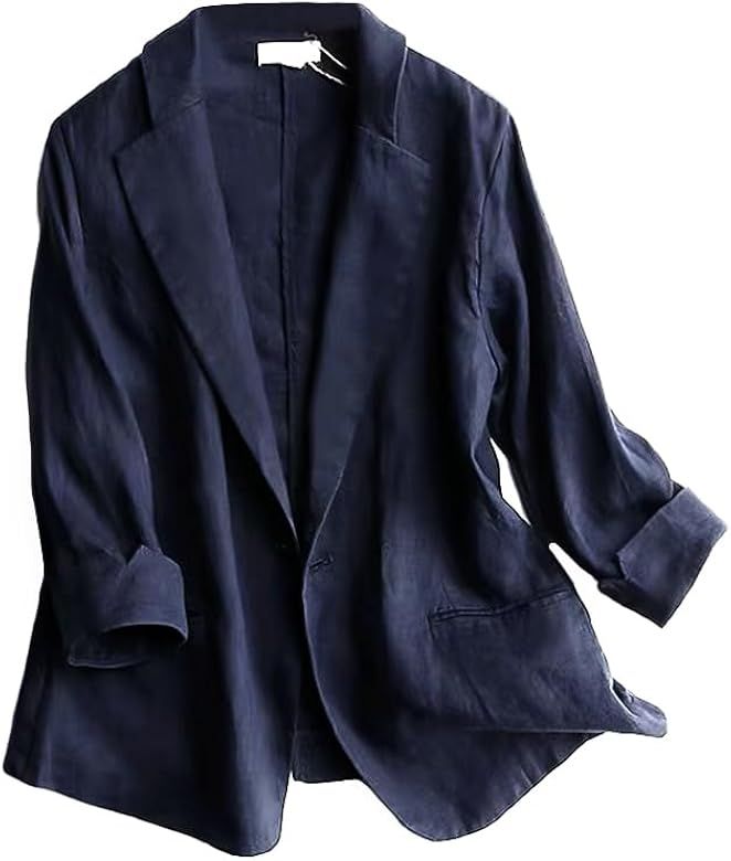 IDEALSANXUN Cotton Linen Blazer Women 3/4 Sleeve Lightweight Blazers Business Casual Suit Jackets | Amazon (US)