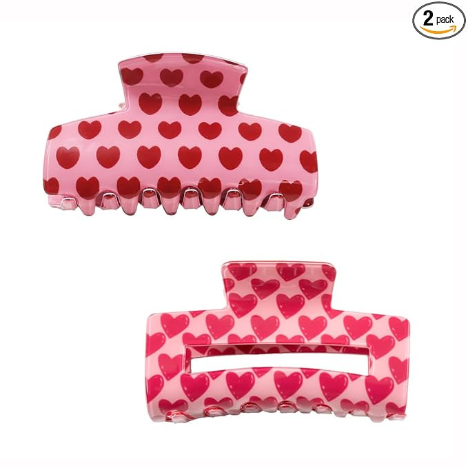 Heart Pattern Hair Claw Clips, Pink Plastic Hair Accessories, Valentine's Day Collection, 2 Pack,... | Amazon (US)