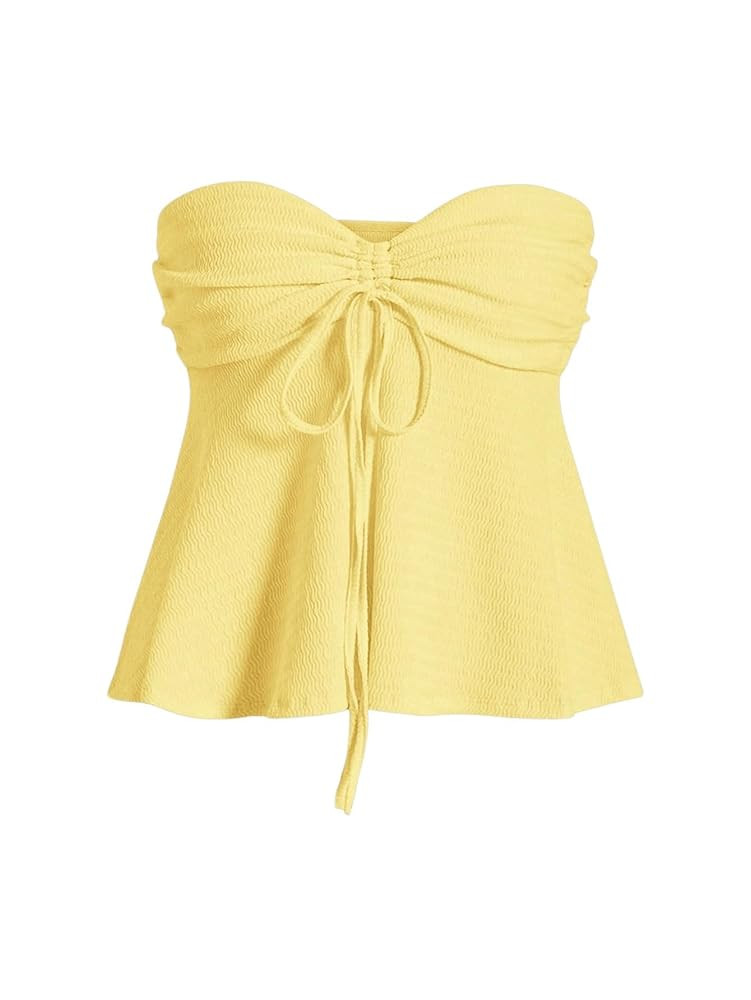 Milumia Women Tie Front Ruched Tube Top Strapless Flared Hem Peplum Bandeau Tops | Amazon (US)