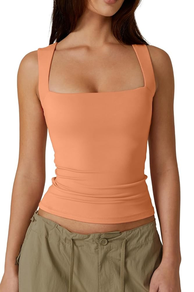 QINSEN Women's Square Neck Sleeveless Double-Layer Tank Tops Basic Tight T Shirts | Amazon (US)