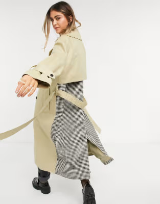 ASOS DESIGN check spliced oversized trench coat in stone | ASOS (Global)