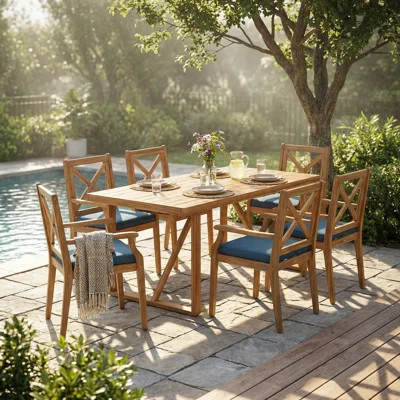 7-Piece Acacia Wood Outdoor Dining Set With Blue Cushions, Modern 6 Chairs And 1 Large Table For Patio And Garden | Wayfair North America