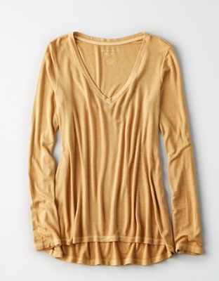 AE Soft & Sexy Ribbed Long Sleeve V-Neck T-Shirt | American Eagle Outfitters (US & CA)