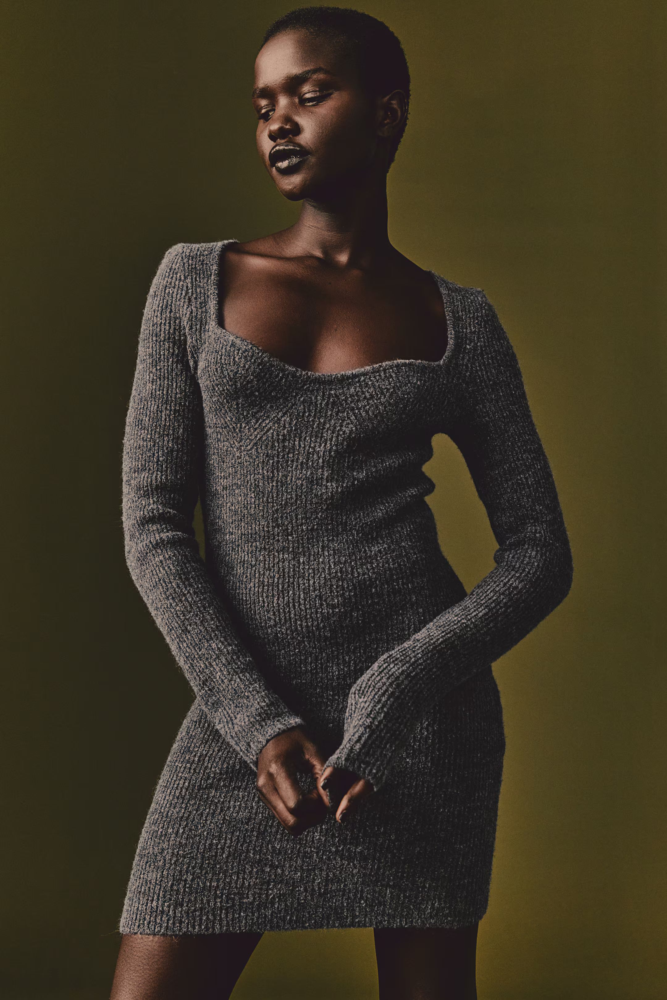 Rib-knit Dress - Sweetheart Neckline - Long sleeve - Dark gray melange - Ladies | H&M US | H&M (US + CA)