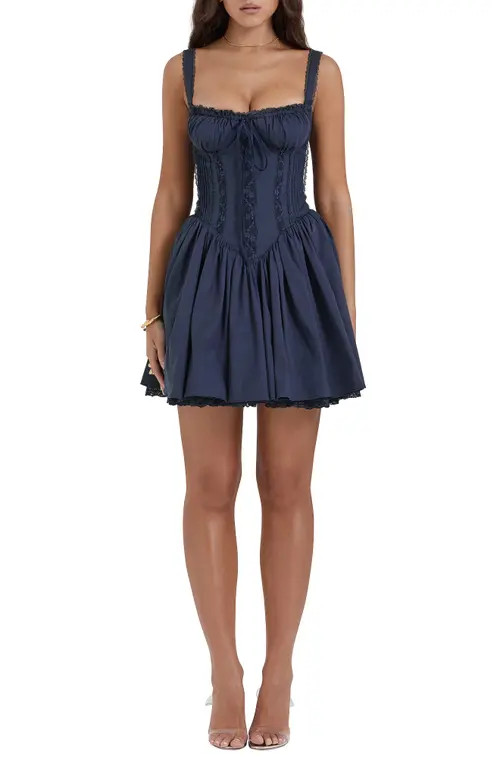 HOUSE OF CB Pintuck Lace Trim Babydoll Dress in French Navy at Nordstrom, Size X-Large A | Nordstrom