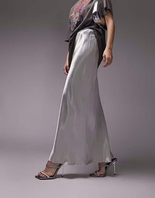 Topshop premium bias satin maxi skirt in silver  | ASOS | ASOS (Global)
