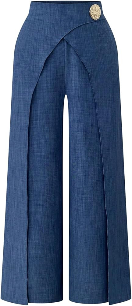 OYOANGLE Women's Wide Leg Wrap Pants Button Front Elastic High Waisted Elegant Trousers | Amazon (US)