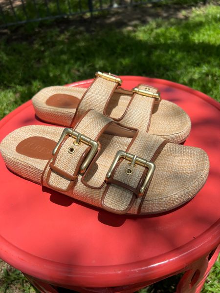 Raffia double buckle slides from
 J.Crew! So comfortable and durable! Travel with them this weekend  

#LTKShoeCrush #LTKStyleTip