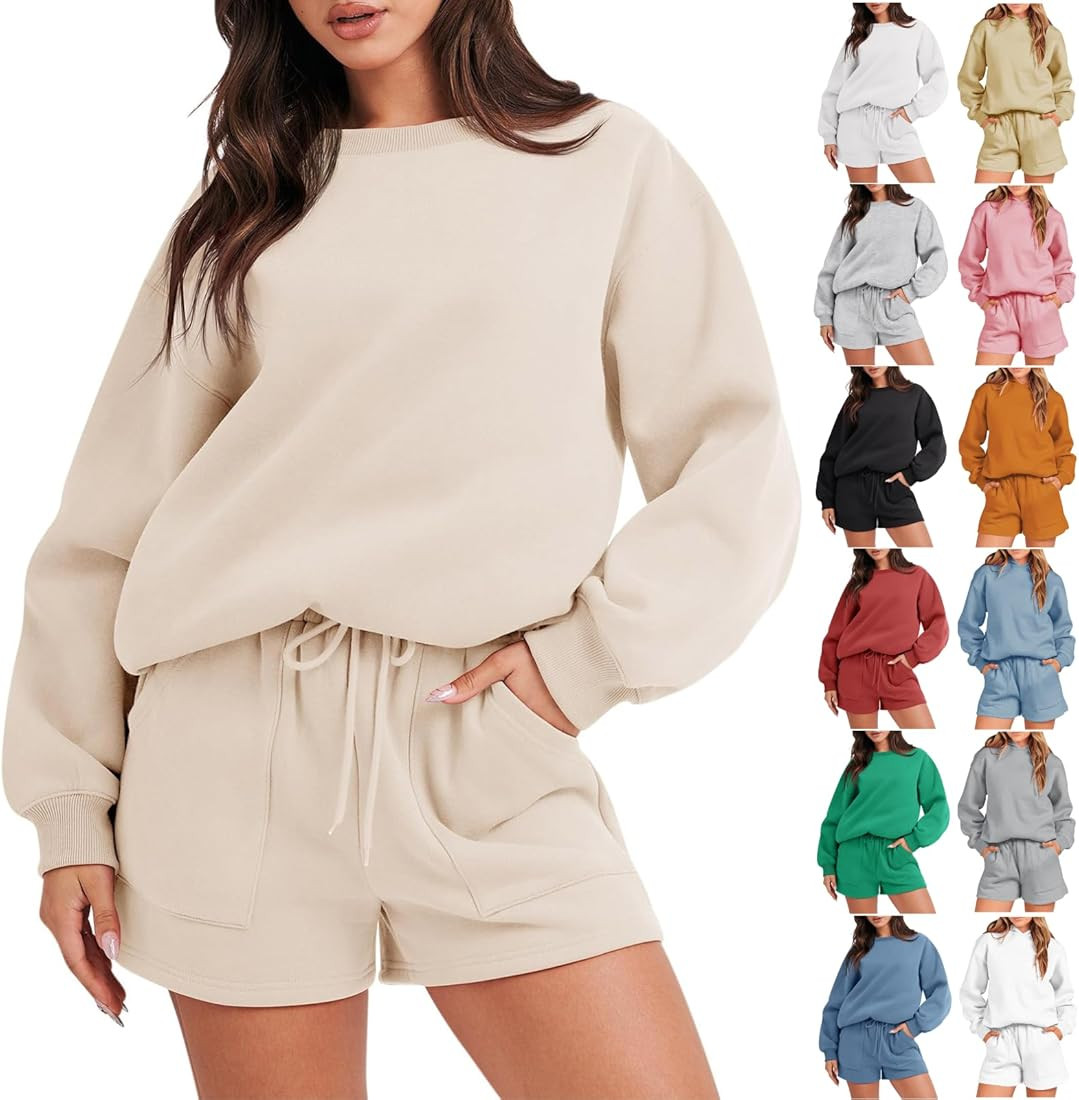 SHOPESSA 2 Piece Outfits for Women Fall Winter Sweat Shorts and Hoodie Set Basic Solid Color Swea... | Amazon (US)