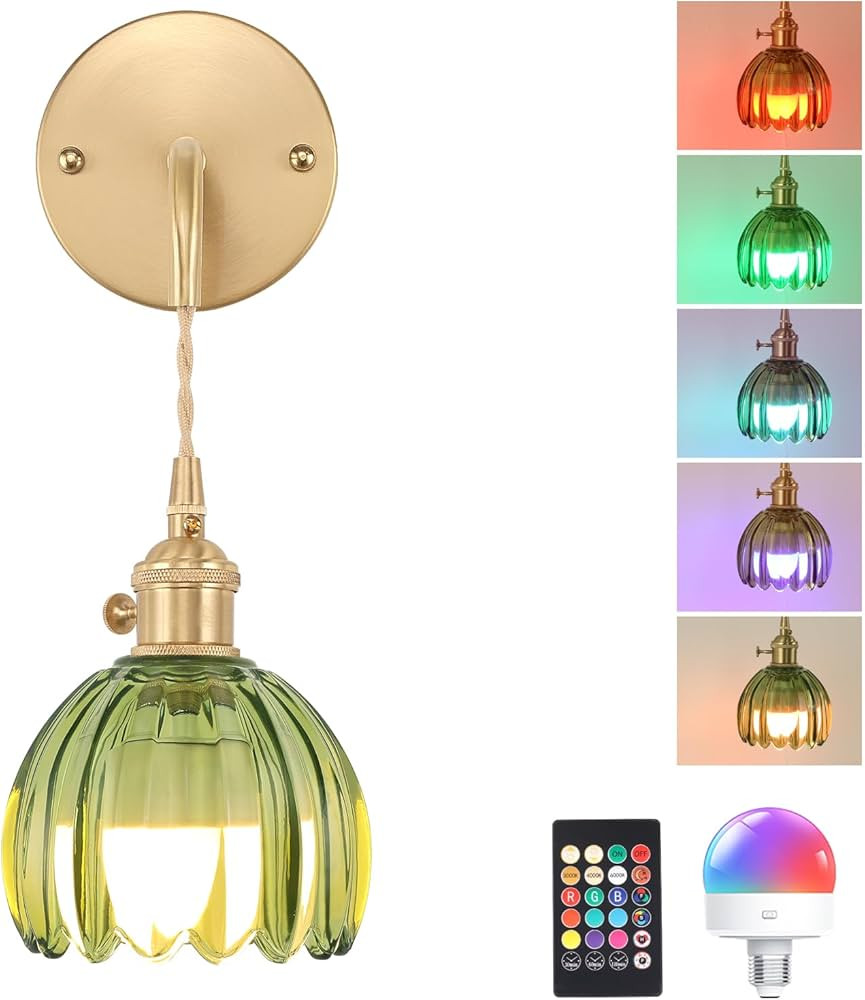 Battery Operated Wall Sconce with Green Tulip Shade Pattern Glass Adjustable Chain Retro Gold Wal... | Amazon (US)