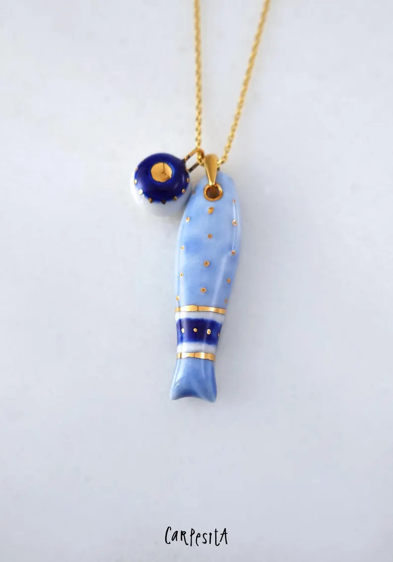 Porcelain Sardine Necklace, Blue Jewelry, Good Luck Charm - Etsy | Etsy (Global)